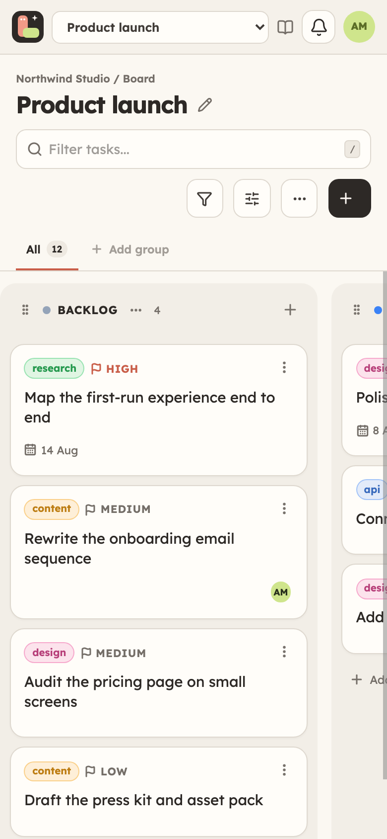 The same Laver board on a phone-sized screen: a compact top bar with the board switcher, then the Backlog column filling the width with its tickets, and the next column showing at the right edge.
