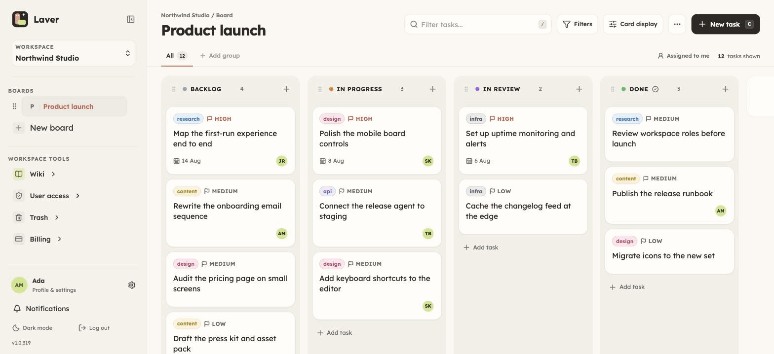 A Laver project board for an example product launch, with work across Backlog, To Do, In progress, and Deployed columns