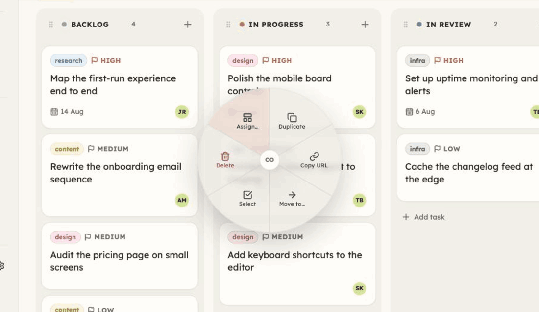 A Laver ticket right-clicked, with six actions arranged in a ring around the pointer: Copy URL, Move to, Select, Delete, Assign, and Duplicate.