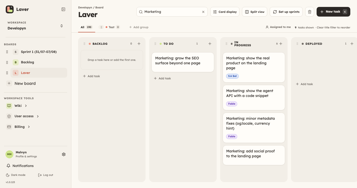 The real Laver product board, filtered to marketing work across Backlog, To Do, In progress, and Deployed columns